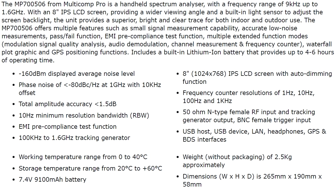 מנתח תדרים ידני MULTICOMP PRO SPECTRUM ANALYZER MP700506 TEXT